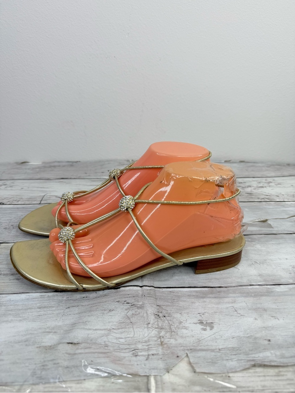 Stuart Weitzman Gold T-Strap Rhinestone Sandals - Picture 3 of 7